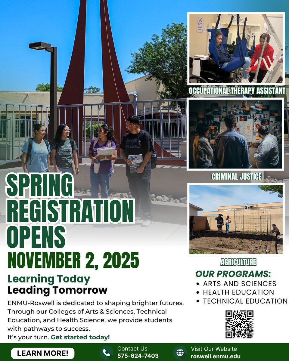 enmur's tweet image. 🎓 Spring Registration Opens November 2, 2025!
 ¡La inscripción para la primavera abre el 2 de noviembre de 2025!

Learning Today. Leading Tomorrow. 🌟
Aprendiendo Hoy. Liderando Mañana. 🌟

#ENMURoswell #SpringRegistration #InscripciónDePrimavera