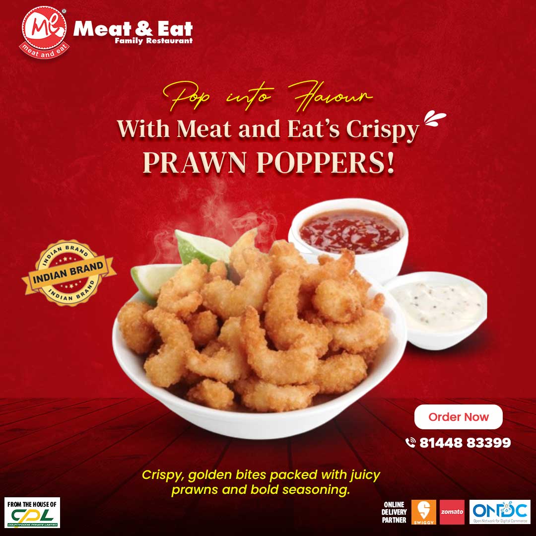 Crispy, golden bites packed with juicy prawns and bold seasoning.
A seafood lover’s dream snack — only at Meat and Eat! 📷📷
 #MeatAndEat #PrawnPoppers #SeafoodLovers #CrispyBites #SnackTime #TastyTreats #GoldenCrunch #FoodieDelight #MeatAndEatSpecial #FoodCravings