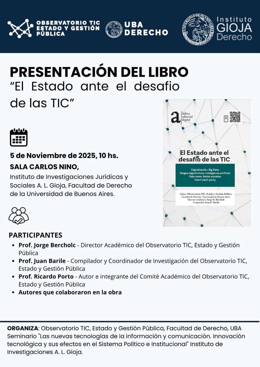 ObservaTICUBA's tweet image. 📢 Miércoles 5 de noviembre, a las 10 hs presentamos el libro "El Estado ante el Desafío de las TIC". 
📚 En la Sala Carlos Nino del @InstitutoGioja. 
💻 Se transmitirá en vivo a través del canal de youtube del Instituto Gioja: youtube.com/@InstitutoGioja