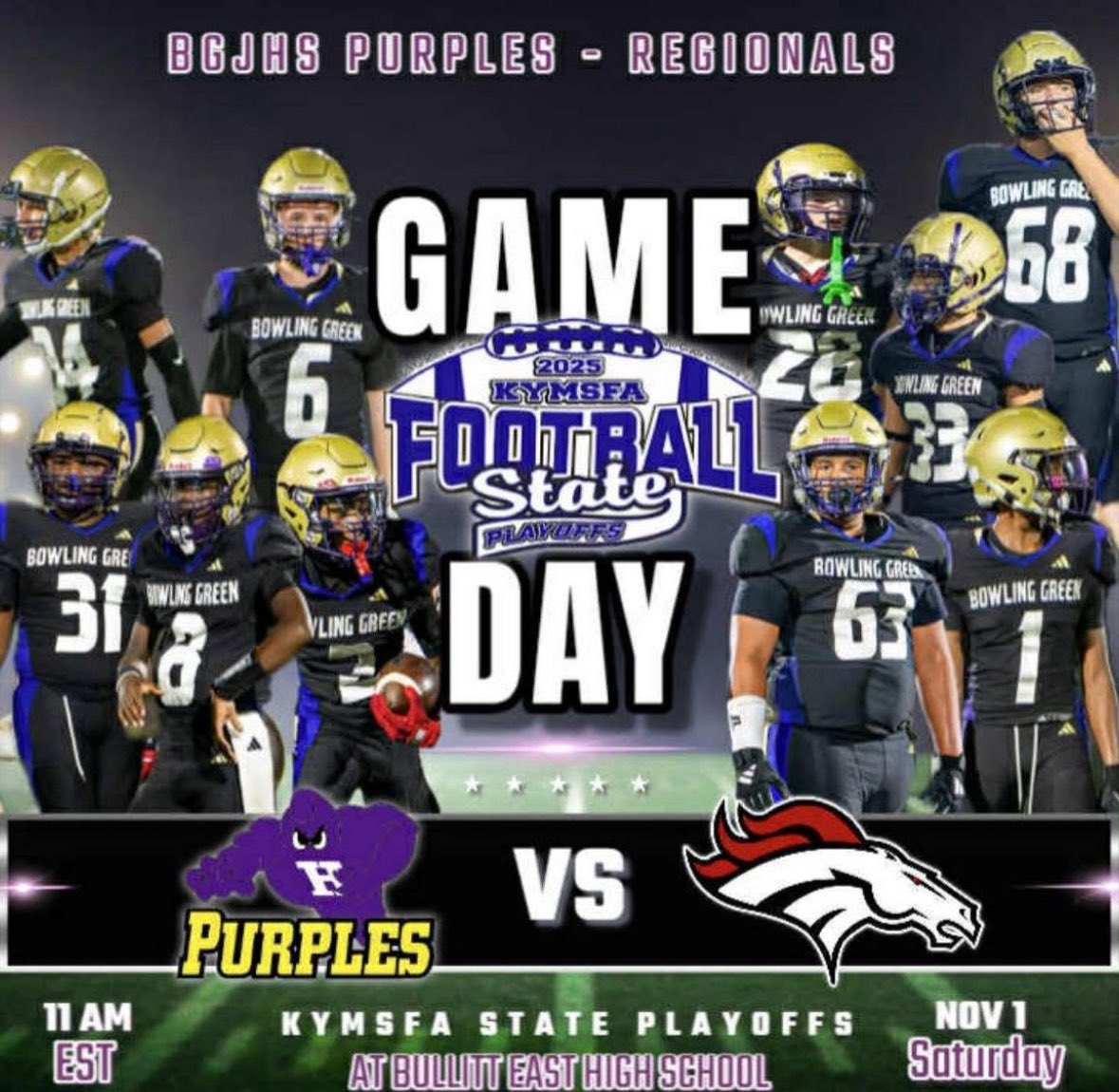 BGJHS_Football's tweet photo. 🏆 REGIONAL CHAMPIONSHIP 🏆 

Saturday, November 1st 

🆚 Bullitt East
⏰ 7th Grade - 10am CST 
⏰ 8th Grade - 12pm CST
📍 Bullitt East HS

Good luck to our 7th and 8th Grade this weekend! Go Purples! https://t.co/HL7pGx9UYi