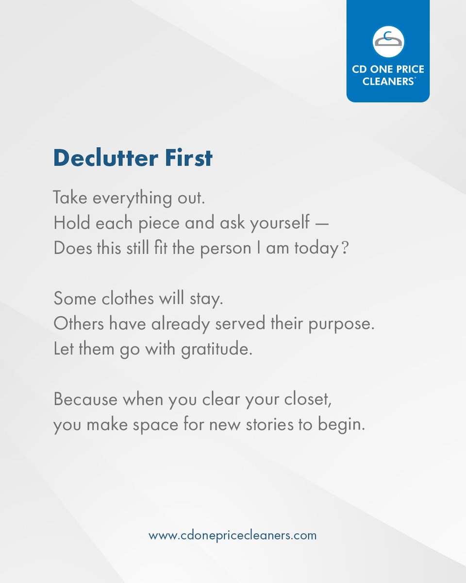 CDOnePrice's tweet image. Your closet isn’t just a space — it’s a collection of stories.
Some clothes remind you of who you were.
Others are ready for who you’re becoming.

Start fresh: declutter, care, and organize.
Wash, fold, hang — give every piece the attention it deserves.

#CDOnePriceCleaners
