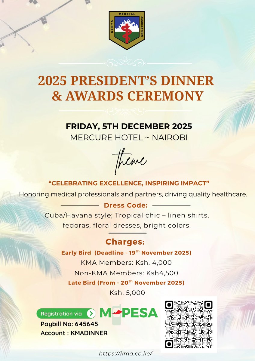 The stage is set for a night of elegance, color, and celebration — join us on Fri, 5th Dec, at the Mercure Hotel, Nairobi, for the 2025 KMA President’s Dinner and Award Ceremony.

👉 Registration is Open: forms.gle/s7ammofTizNtyP…