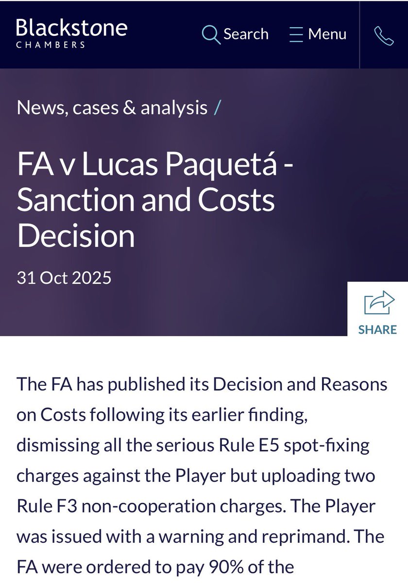 nickdemarco_'s tweet image. FA v Paqueta - sanction &amp;amp; costs decision out now:
blackstonechambers.com/news/fa-v-luca…
#sportslaw