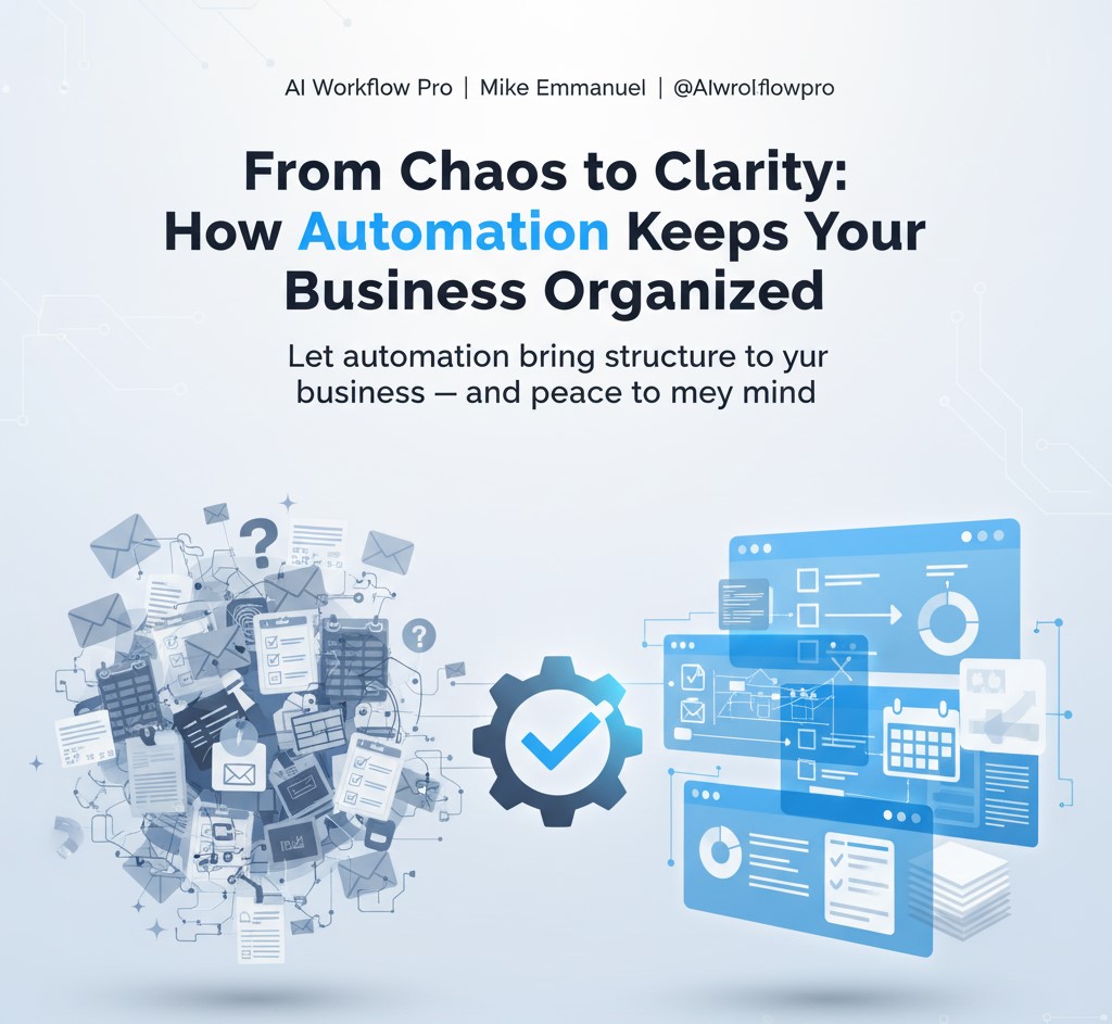 AIWorkflowspro's tweet image. Day 14

&quot;From Chaos to Clarity: How Automation Keeps Your Business Organized&quot;
In business, disorganization is expensive, missed deadlines, lost data, and forgotten clients.
#AIAutomation #WorkflowAutomation #BusinessGrowth #AIWorkflowPro #AutomationForBusiness #DigitalEfficiency