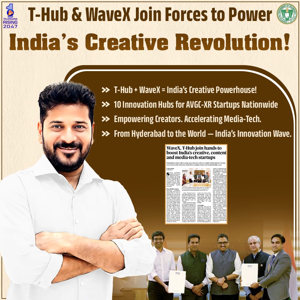 Gulabi_Ratnalu's tweet image. India’s creative tech future gets a massive boost! T-Hub &amp;amp; WaveX partner to launch 10 incubation hubs for startups in Animation, Gaming, VFX, XR, and AI. #THub #WaveX #AVGCXR #AIStartups #CreativeEconomy #InnovationIndia #Hyderabad #MediaTech #StartupIndia #DigitalTransformation