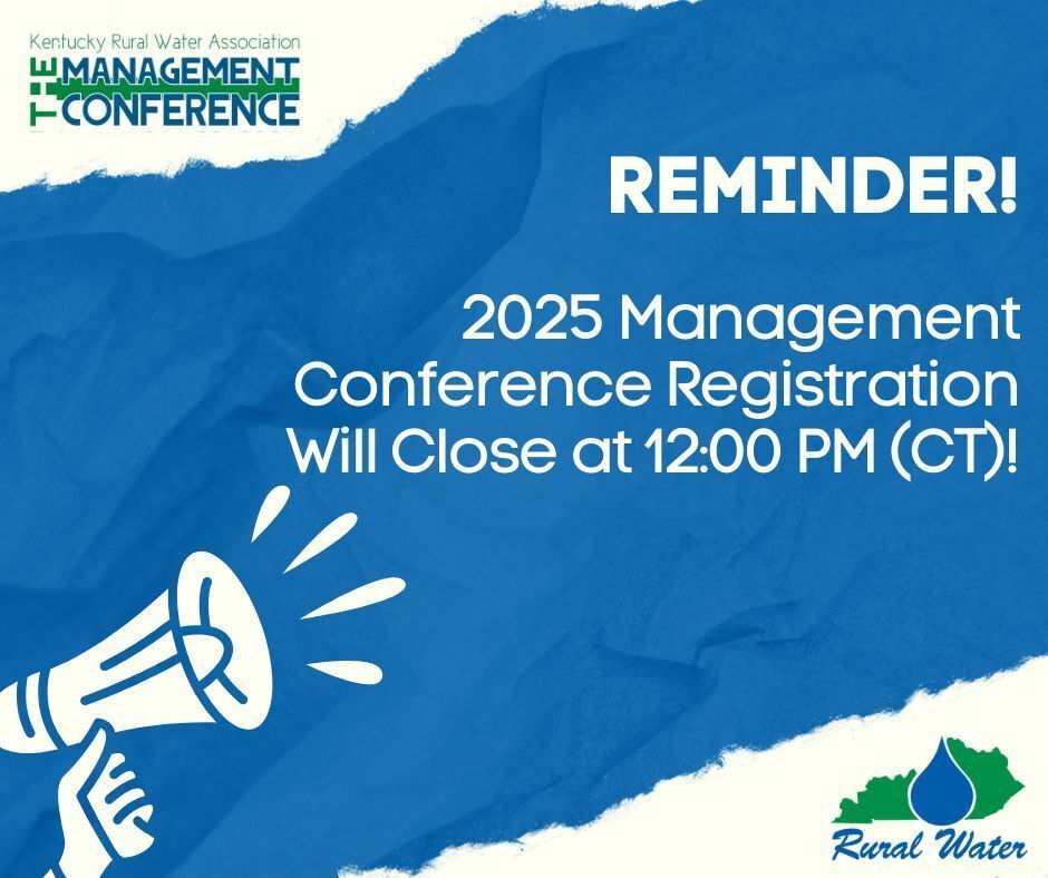 KYRuralWater's tweet image. ⏰ Last Call! ⏰

Registration for the 2025 KRWA Management Conference closes today at 12:00 PM CT!
Don’t miss two days of professional development, networking, and fun.

🔗 Register now: buff.ly/dyvFUv4 

#KRWA #ManagementConference #2025ManagamentConference