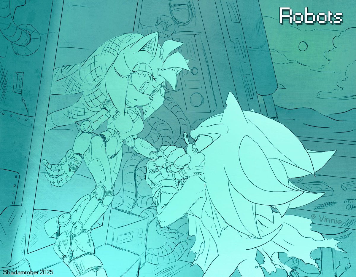 In a destroyed world, a lone immortal being tries to recreate his lost love with scraps of metal, old technology and broken code. He isn't tech savy so it's not perfect. But it will be enough.

15: Robots 
#Shadamytober2025 #Shadamytober #shadamy