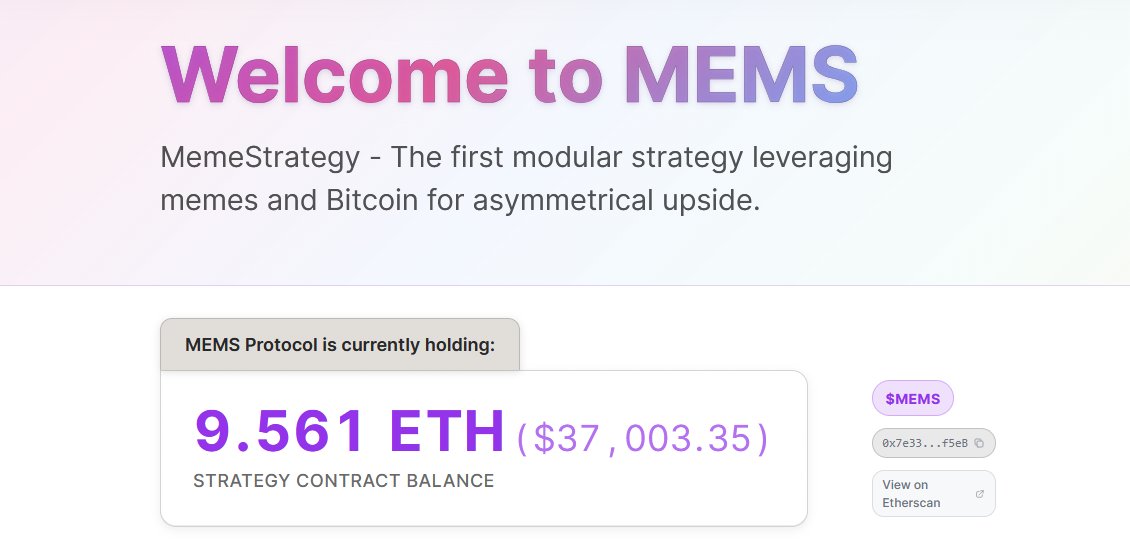HimaEltegany's tweet image. $MEMS is the first multi-asset strategy for Erc20 tokens
You can read more at @mems_wtf 
Day 1 and already directly into action