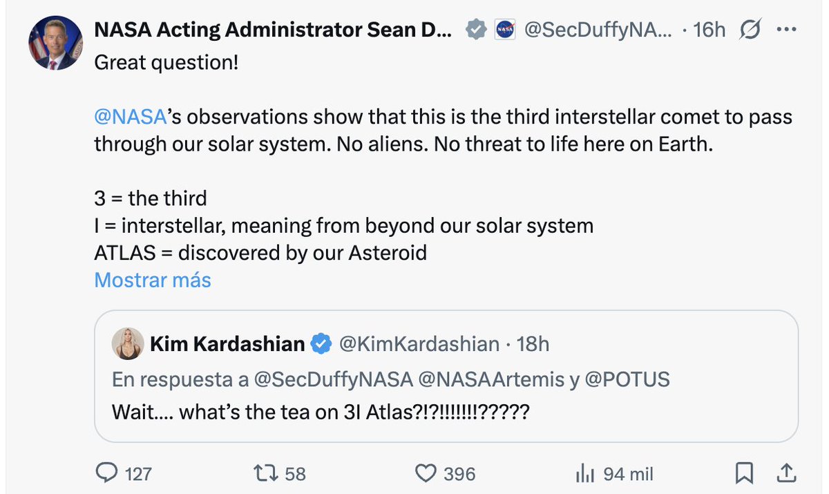 AnayaSeconds's tweet image. NASA acting administrador Sean Duffy will go down in history as the one who never answered Avi Loeb&apos;s request to release pictures from 3I/ATLAS taken by HiRise camera orbiting Mars but swiftly responded to Kim Kardashian&apos;s concerns about the matter... Way to go dude...