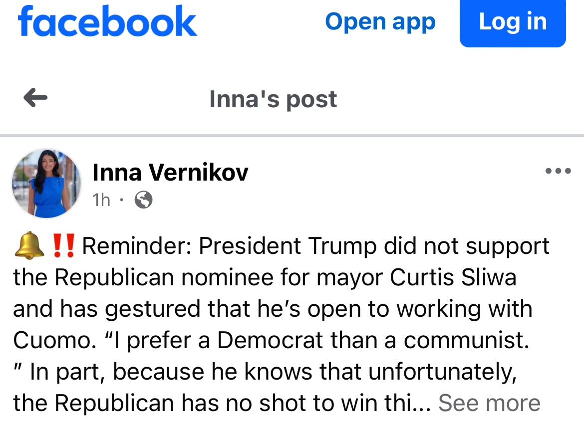 While I’ve appreciated your prior support for fired city workers <a href="/InnaVernikov/">Councilwoman Inna Vernikov</a> I’m disappointed you are now supporting someone who was all in with the covid tyranny. And while I love DJT, he’s wrong on this…he’s a great president but he’s certainly not infallible