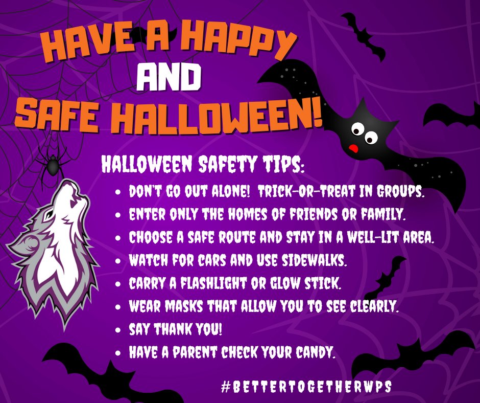 WolvesWps's tweet image. 🎃 Happy Halloween, Wolves! 👻
As you head out for some trick-or-treat fun, remember these safety tips to help keep everyone safe! 💜
#WyomingWolves #BetterTogetherWPS