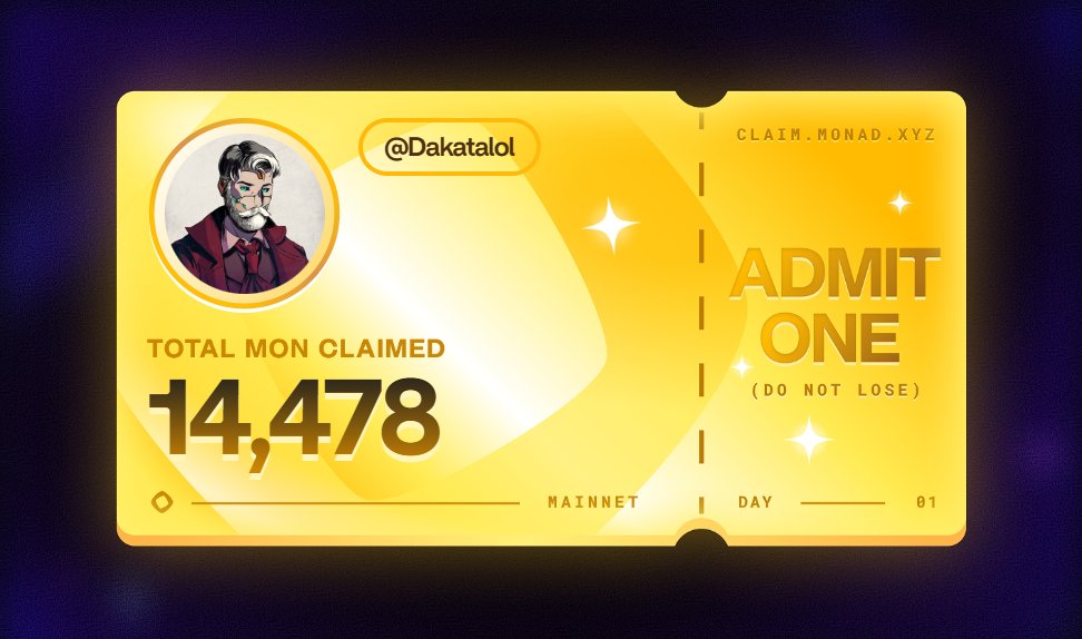 LFG! Just claimed my golden ticket for the <a href="/monad/">Monad (mainnet arc)</a>  airdrop!

Big shoutout to the <a href="/MadLads/">Mad Lads</a> community for being goated.