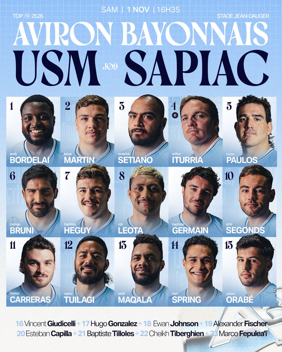 𝗖𝗢𝗠𝗣𝗢𝗦𝗜𝗧𝗜𝗢𝗡 𝗝𝟵⚔️

La composition d’équipe pour ce dernier match avant la trêve, avec un coup d’envoi à 16h35, tous derrière nos 𝗖𝗶𝗲𝗹 &amp; 𝗕𝗹𝗮𝗻𝗰 💪

𝙂𝙊𝙍𝘼 𝘽𝘼𝙄𝙊𝙉𝘼🩵🤍
#top14 #rugby