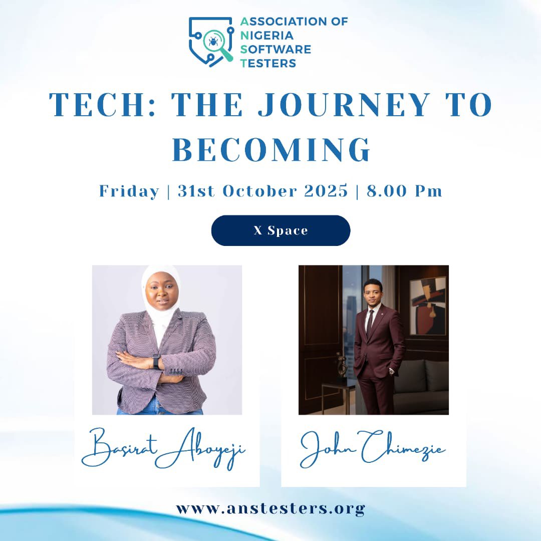 NigerianTesters's tweet photo. Today is the D-DAY!

The Association of Nigerian Software Testers (ANST) invites you to our exciting X Space happening today, Friday, Oct 31, 2025 

🎙️ Theme: Tech: The Journey to Becoming

Get ready for inspiring stories, practical insights, and real career growth experiences https://t.co/C2hNzSBFp2