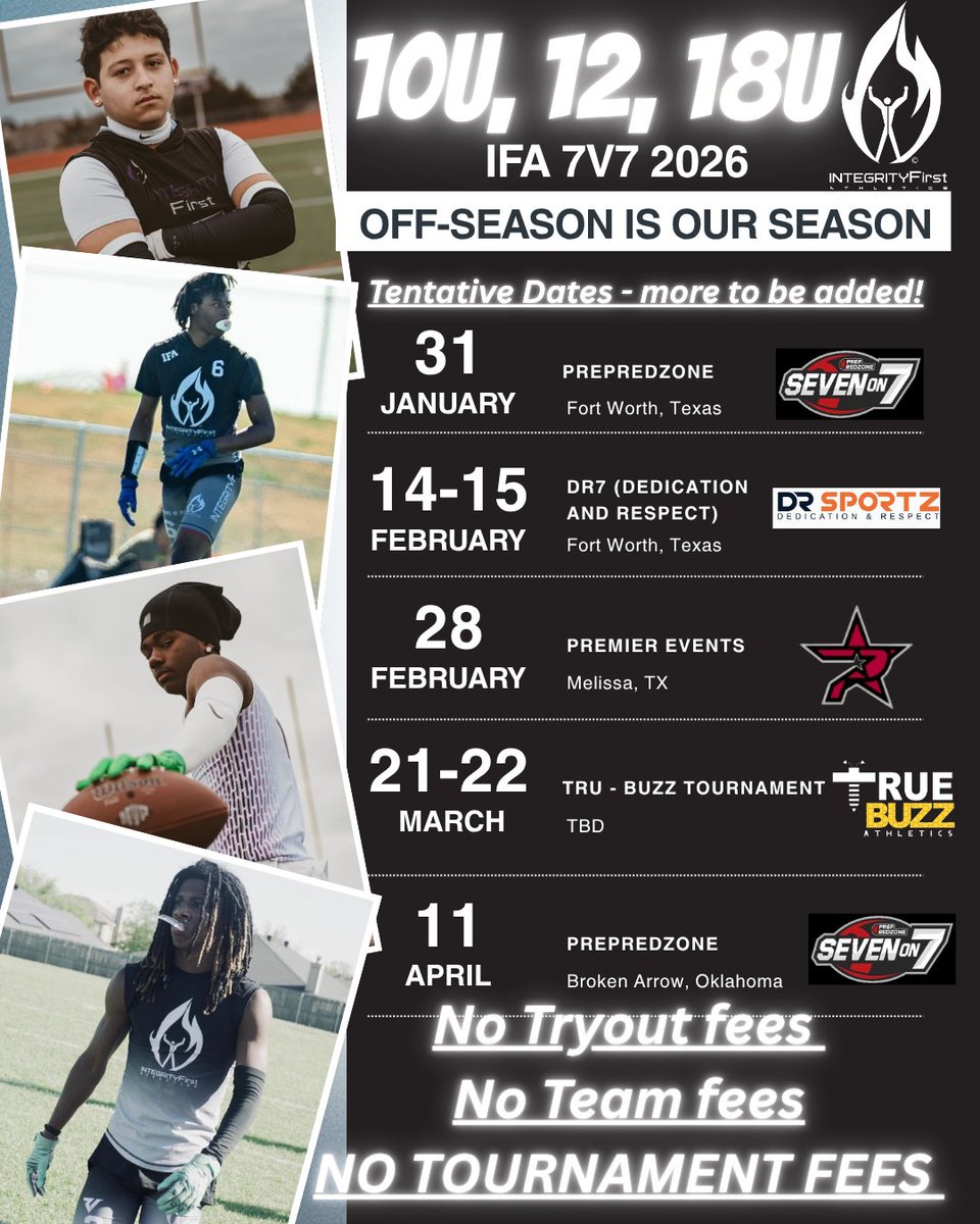 The 'Off-season' is our 'Season'...
No Team Fees, No Tournament fees / Free Training and Free Tutoring for student-athletes
#integrityfirstathletics #tutoring #sports #athletictraining #training #workout #gym #nonprofit #football #motivation #FitnessMotivation