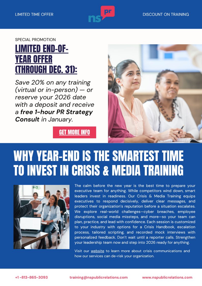 Are you getting our PR Low-Down?
You won’t want to miss this! We’re closing out the year with a special offer on our Crisis &amp; Media Training — designed to help leaders stay composed, credible, and confident under pressure.

▶️Learn more here: ow.ly/LXtO50XkXux