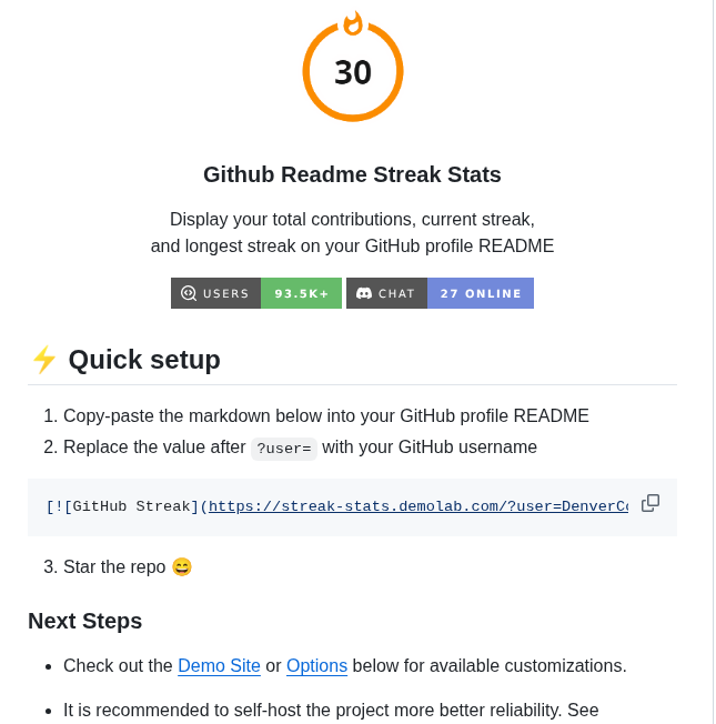 Display GitHub contribution streaks on a profile README
