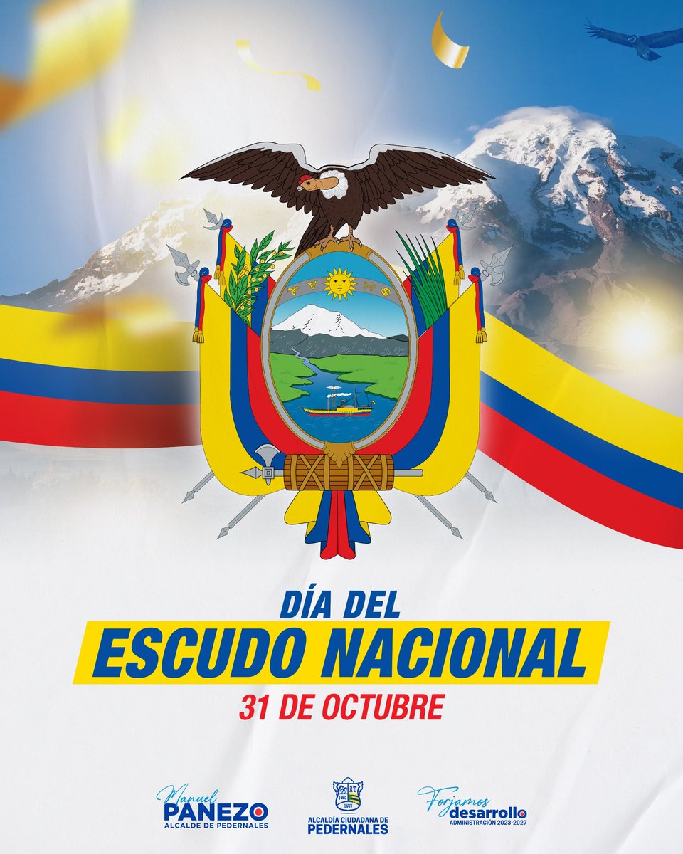 Hoy, 31 de octubre, conmemoramos con orgullo el Día Nacional del Escudo del Ecuador, uno de los más grandes símbolos patrios que representa nuestra historia, soberanía y la riqueza natural de nuestra nación.

🇪🇨 ¡Viva el Ecuador!

¡Viva Pedernales, paraíso en la mitad del mundo!