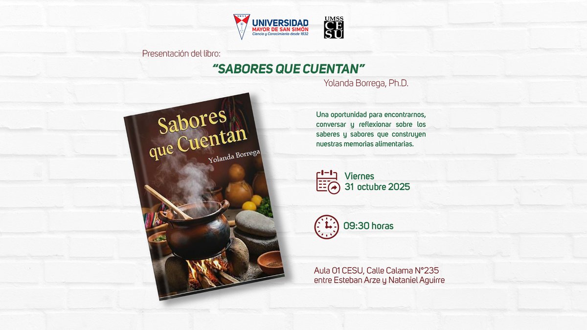 CESU_UMSS's tweet image. youtube.com/live/JAf_gKn2M…
Presentación del libro “Sabores que Cuentan” de Yolanda Borrega, Ph.D.