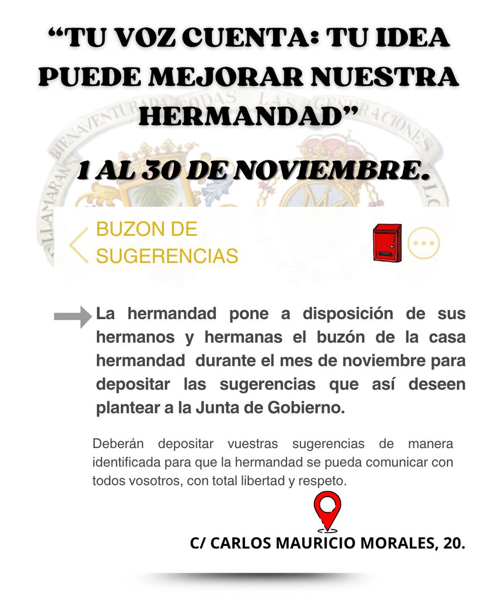 🔴⚪ SECRETARÍA| Sugerencias.

Hemos habilitado el buzón de  la Casa Hermandad durante todo el mes de NOVIEMBRE, un espacio abierto para que compartas tus ideas, propuestas o inquietudes. Ninguna aportación es pequeña cuando nace del corazón y del amor por nuestra Hermandad.