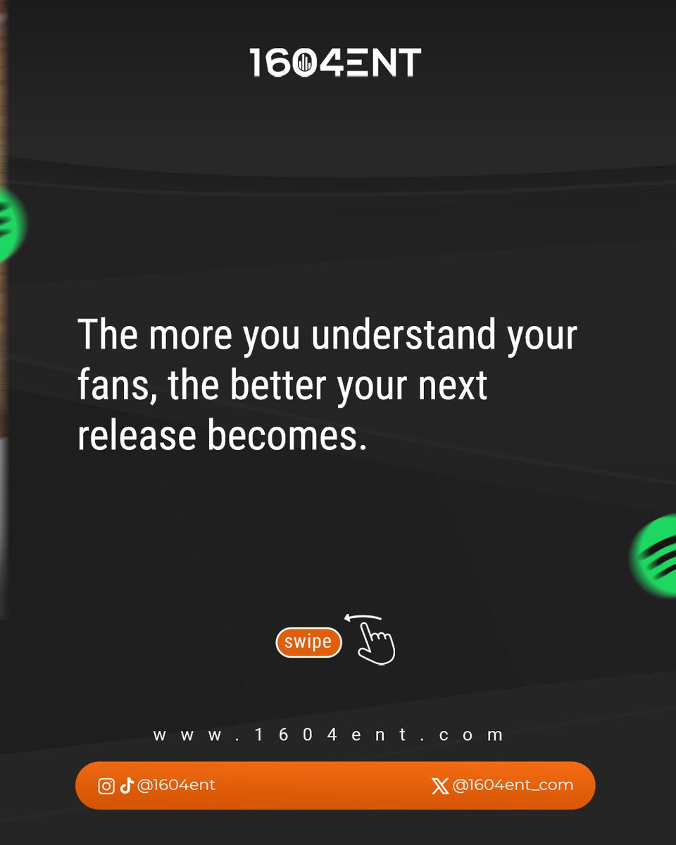 1604ent_com's tweet photo. Your Spotify stats are more than just numbers — they’re insights into who your real fans are. 💡

From location and age to top songs and playlists, these stats help you see what’s working and where to focus next.

Planning a show? Run ads where your biggest listeners are.

Got a track that’s trending? Double down on that sound. 🎧

The more you understand your fans, the smarter your next move becomes.

Distribute your next track with 1604ENT and keep up to 90% royalties.

Sign up today! Tap the link on our bio.

#1604ENT #Afrobeats #MusicGrowth #Artists #IndieArtist #IndependentArtist