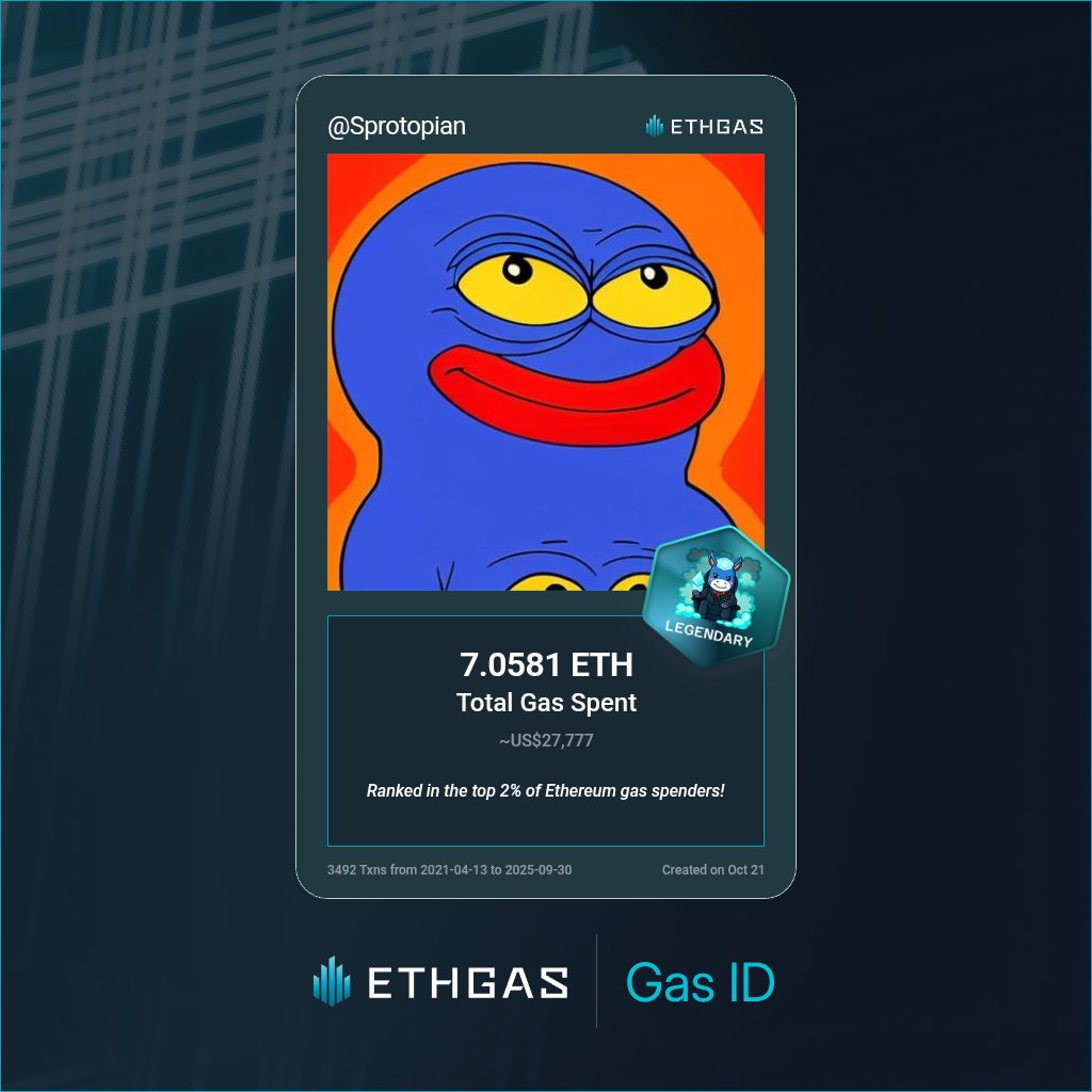 Just unlocked my Gas ID via ETHGas 🪪

I'm a Legendary Jack with 7.0581 ETH spent on gas since Beacon Chain - now fueling my climb to the Gasless Future and earned 4000 Beans already. 

Reveal yours at ethgas.com/community/gas-…