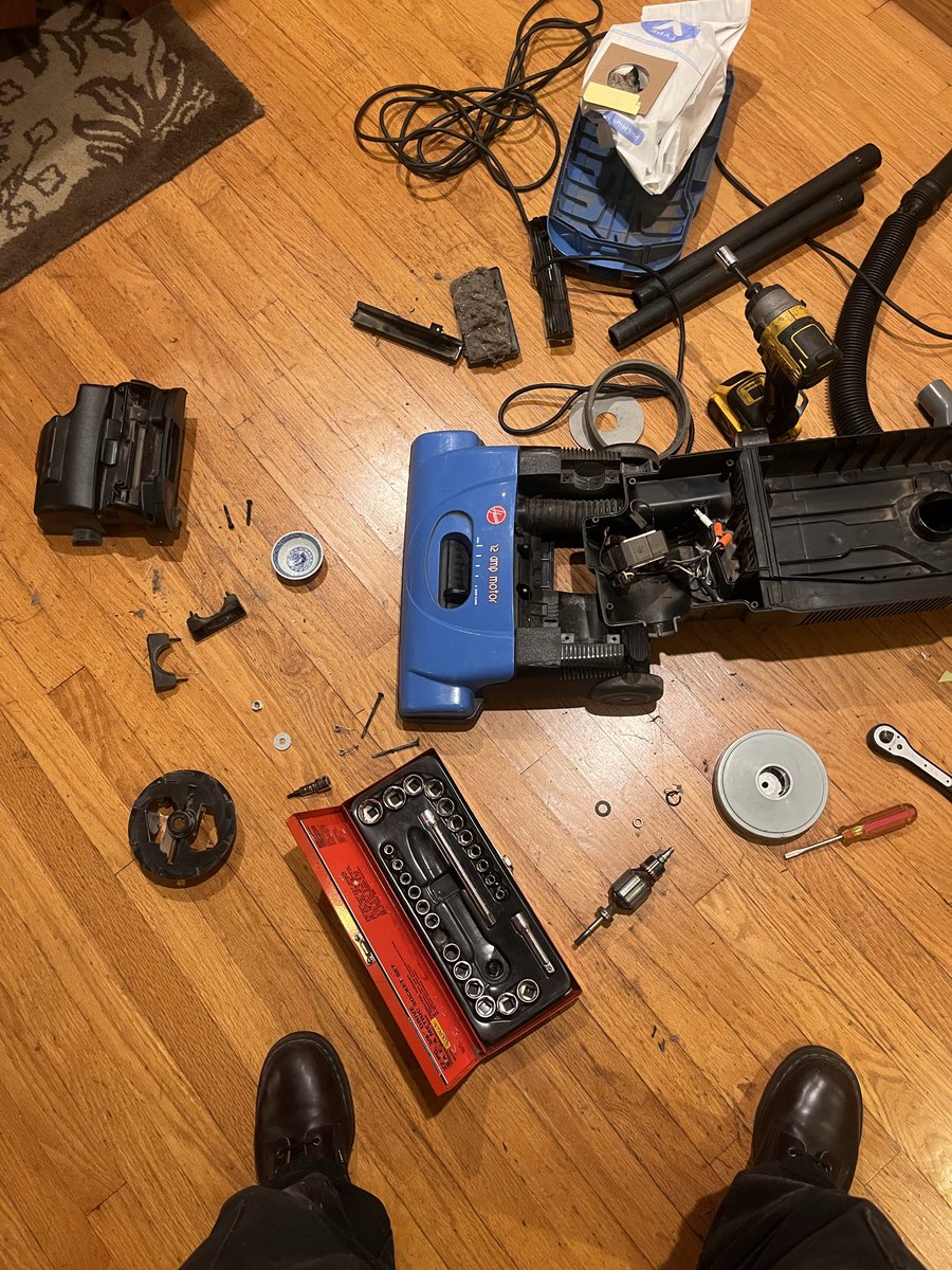 _jlevers's tweet image. my parents’ vacuum cleaner started making a horrible noise so i started pulling it apart…the motor just needs a couple of $7 bearings to work fine for another decade :)