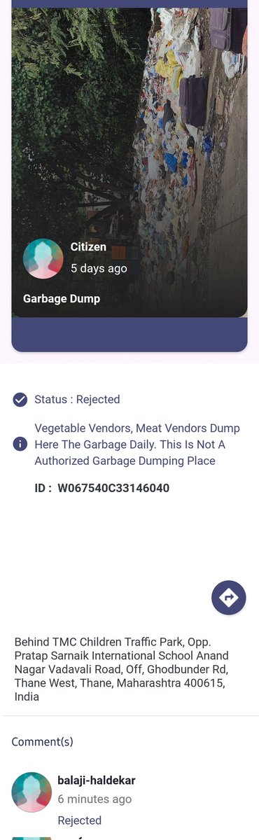 vikasg24's tweet photo. @SwachhBharatGov @MoHUA_India @Secretary_MoHUA @TMCaTweetAway

Swachhata App complaint ID: W067540C33146040 was rejected without action.

Garbage still dumped daily by veg &amp; meat vendors behind TMC Children Traffic Park, Anand Nagar, Thane West.

Please intervene. 🙏 https://t.co/WuFyFsiFmd