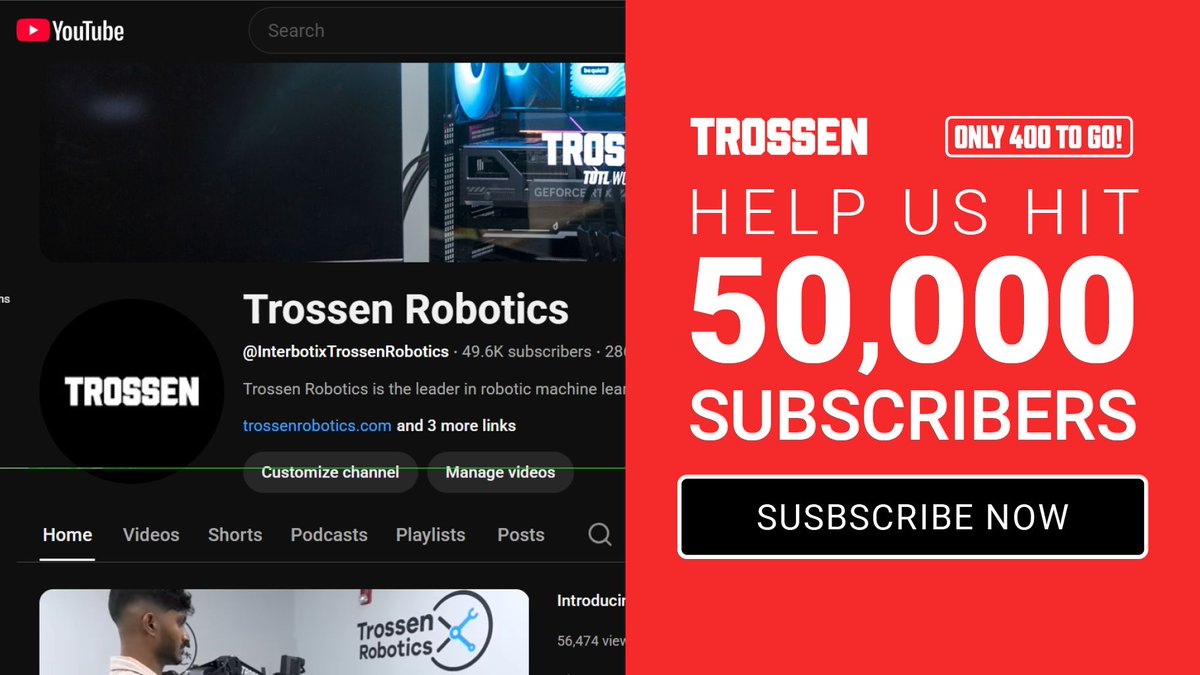 trossenrobotics's tweet image. We are only 400 subscribers away from 50,000. Help us make it happen.
Subscribe Now: youtube.com/@InterbotixTro…