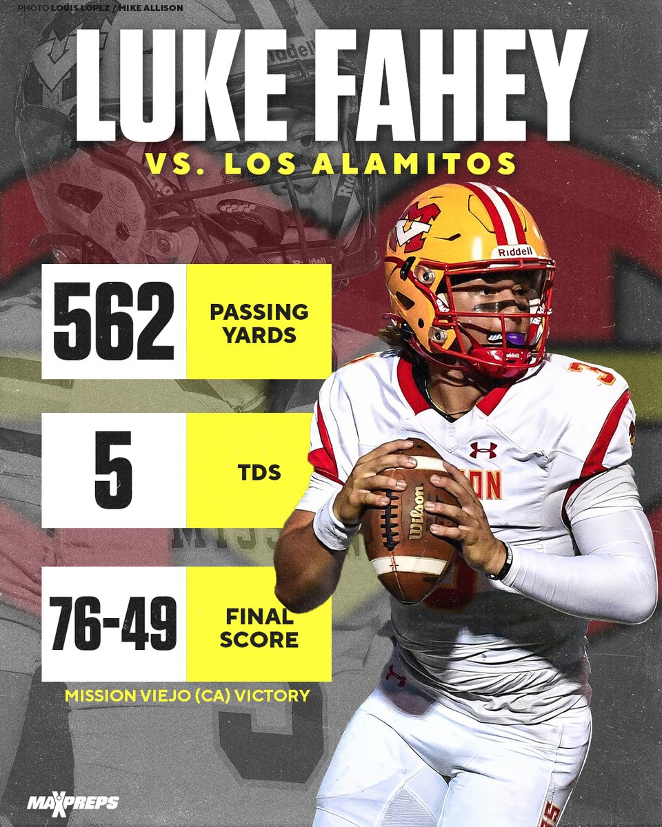 MaxPreps's tweet image. Ohio State commit Luke Fahey went off last night😳

The Mission Viejo QB threw for 562 yards and 5 touchdowns in a 76–49 win over Los Alamitos 🔥🏈

@LukeFahey03