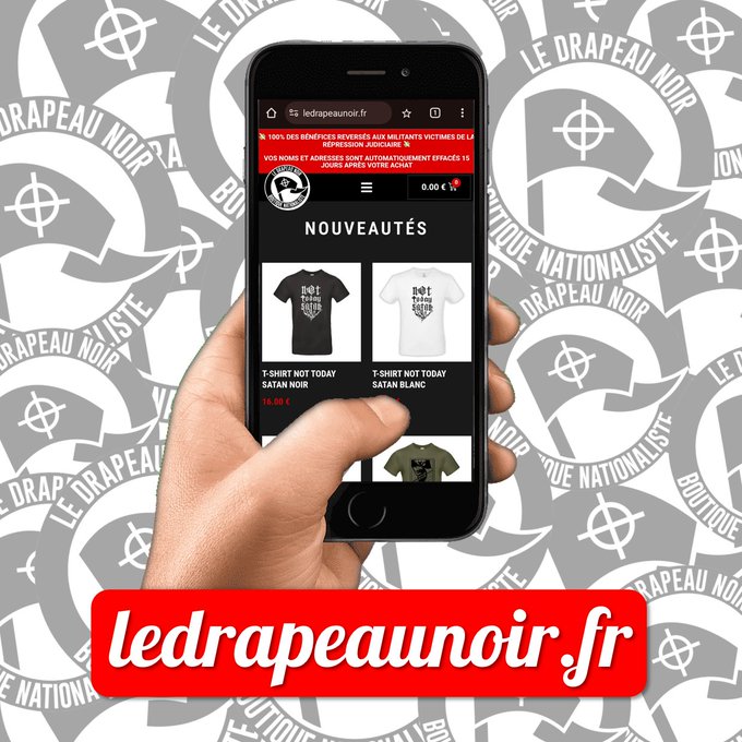 A hand holds a black iPhone displaying the Le Drapeau Noir website on its screen. The site shows a black background with white text for Nouveautés section and product listings including T-shirt Satan Noir priced at 24 euros and T-shirt Satan Blanc at 24 euros. Surrounding graphics include repeated black flag icons and the site name in red at the bottom. The phone case has a black flag design.