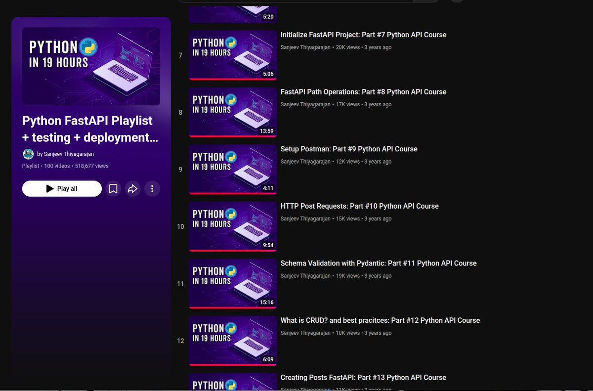 sharpeye_wnl's tweet image. halfway through this playlist and I can easily say that this is the best playlist for python api development 
it covers literally everything you can think of:
> fastapi
> testing
> deployment
> databases
> sqlalchemy 
would definitely recommend checking this out