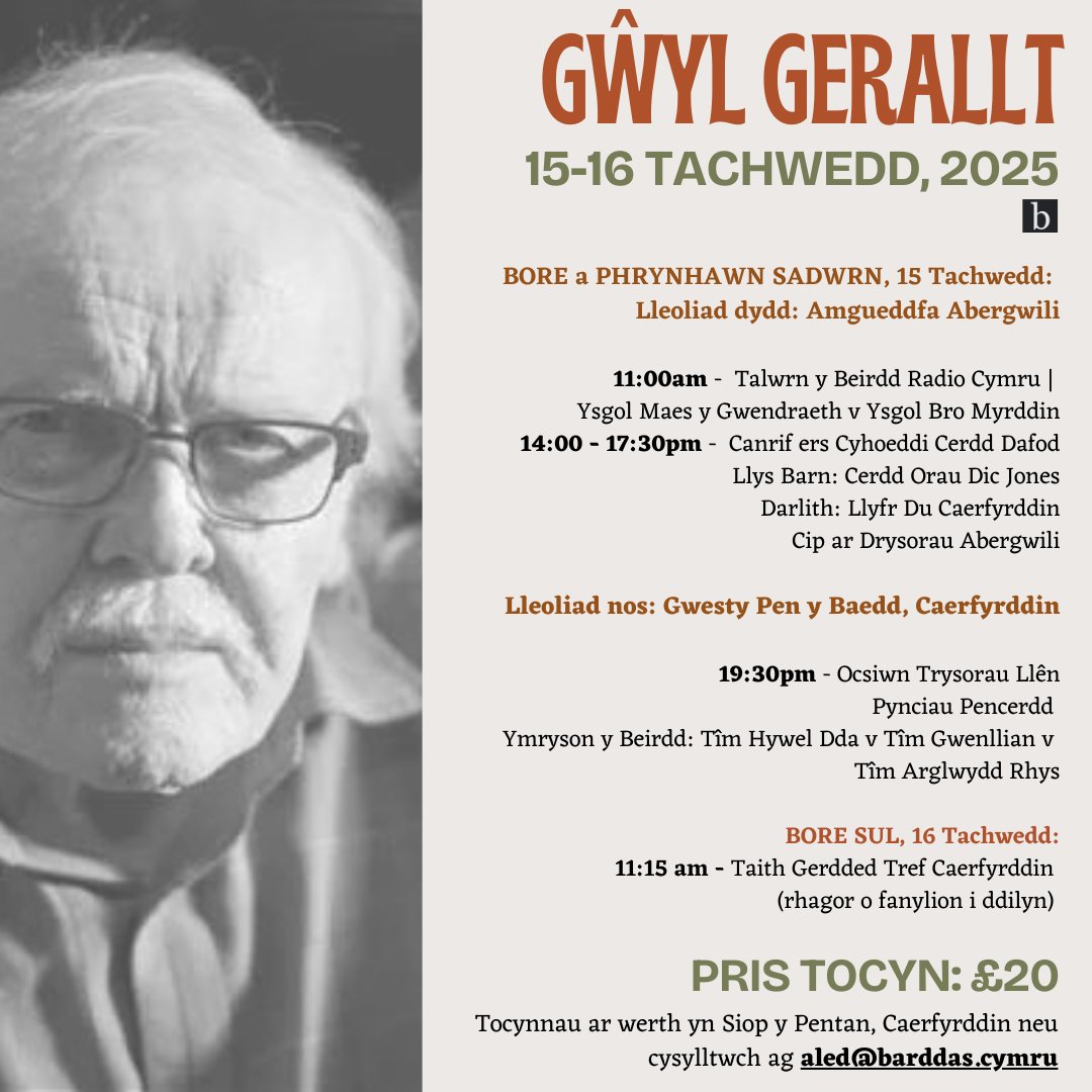 Ocsiwn Gŵyl Gerallt
Mae nifer o eitemau ar werth yn yr Ocsiwn ar 15.11.25. Bydd eu lluniau yn ymddangos yma cyn y dyddiad. 
1. Copi T. Rowland Hughes o Cerdd Dafod, wed'i arwyddo ganddo, o'i gyfnod yn Aberdâr. Gellir rhoi cynnig yn yr Ŵyl ei hun, neu ebostio ocsiwn@barddas.cymru