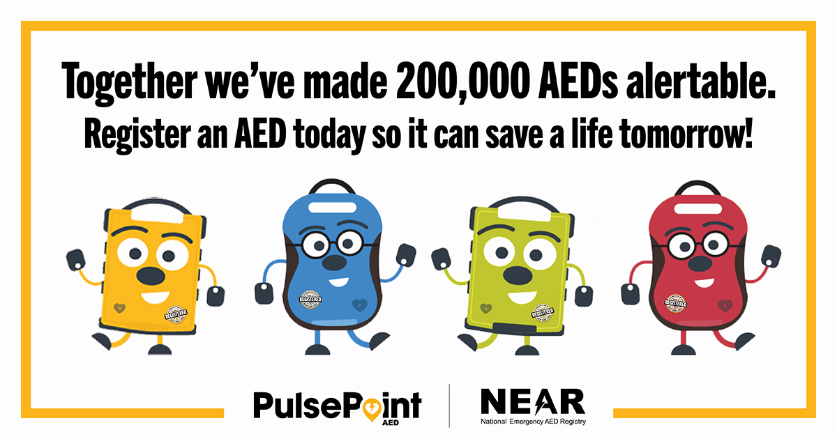 pulsepoint's tweet image. A BIG thanks to everyone who has registered a device with PulsePoint AED. Once registered it&apos;s part of the National Emergency AED Registry (NEAR), which provides vital AED information to 911 and nearby responders. 200,000 AEDs and counting!  🎉 #NEAR #PulsePointAED