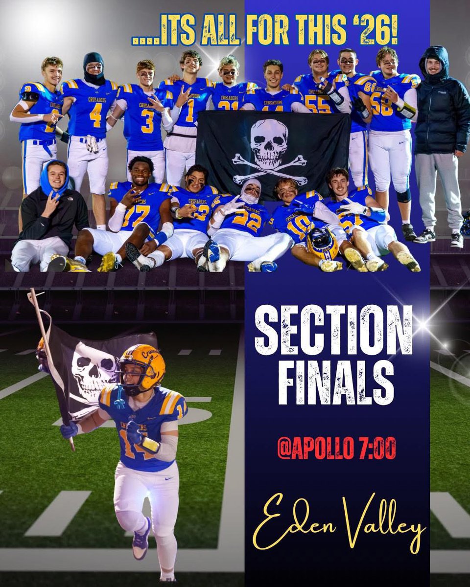 Playoff Game Day!

Crusaders take on Eden Valley-Watkins for the Section 5AA championship <a href="/SC_Apollo_FB/">Saint Cloud Apollo Football</a> field.

#FightFightCrusaders💙💛🤍🏈
 #OnTheHunt🔥 
#Pirates🏴‍☠️