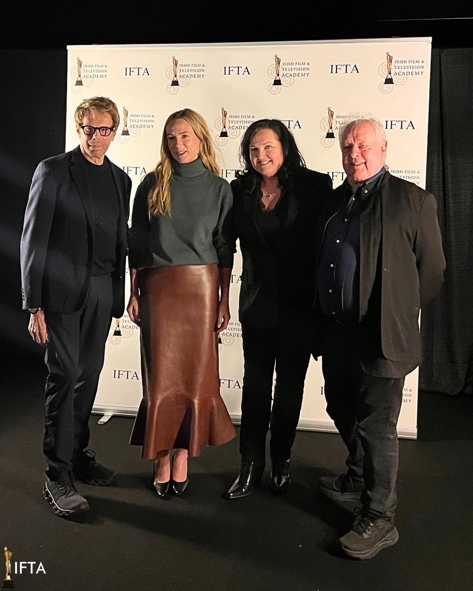 IFTA's tweet photo. A big THANK YOU to legendary Producer Jerry Bruckheimer and superb Irish Actress Kerry Condon, for taking the time to come and speak with our IFTA Academy Members last night in Dublin, after a special IFTA screening of F1:The Movie. Two extraordinary professionals! 
 #IFTA #F1 https://t.co/YryKqSSNpE