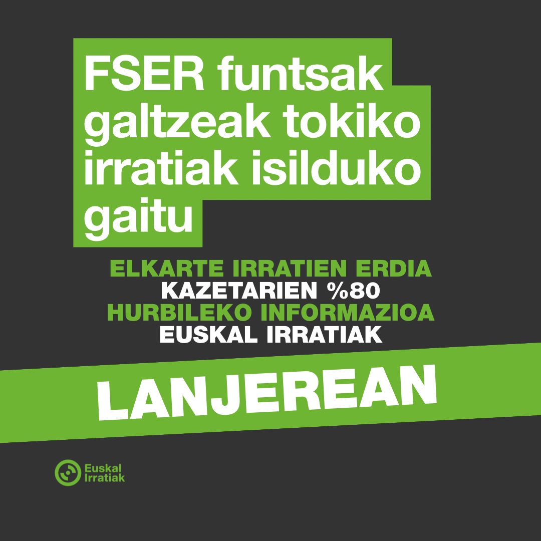 🚨 Euskal irratiak lanjerean gara (berriz)

Bigarren urtez, Frantziako gobernuak elkarte irratien biziraupenerako ezinbertzekoa den FSER funtsa apaldu nahi du. Parlamentarien bidez egindako lehen mobilizatzeak fruitua eman badu, borrokan jarraitu behar dugu.