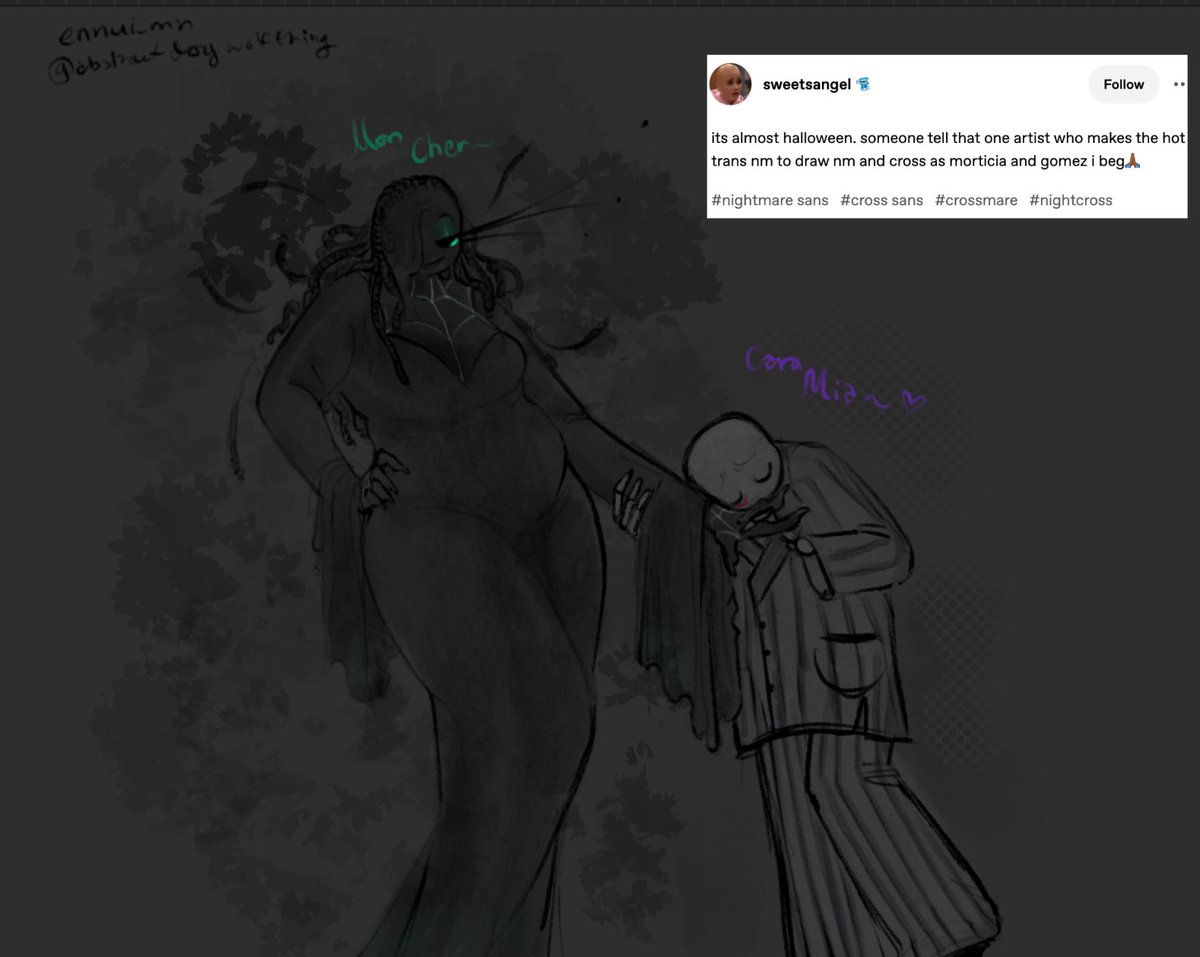 ennui_mn's tweet photo. Happy Halloween!! Wanted to draw #Crossmare as Jacinthe and Lebanne… for … reasons…
+ bonus Morticia and Gomez crnm
-
-
#UTMV #NightmareSans #CrossSans #CrossXtale #XTaleCross #Sanscest #Sansshipping but not rlly
(Use she/her on NM 🏳️⚧️🏳️⚧️) https://t.co/oFA4cu1tkE