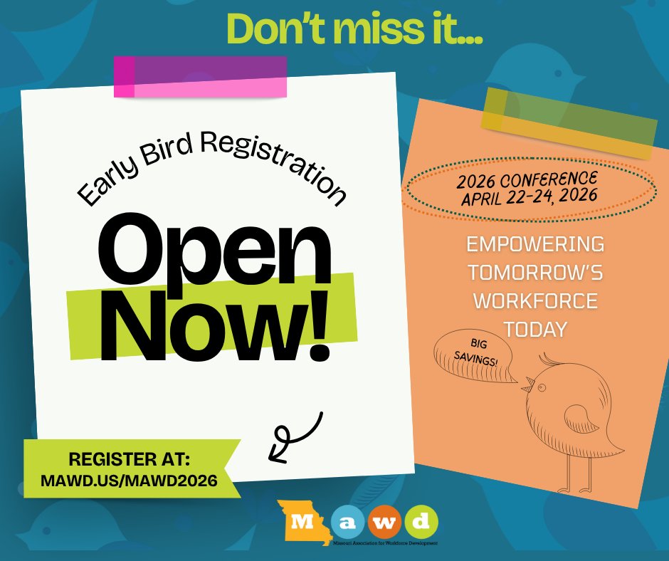 MO_WkDev's tweet image. Our 2026 Conference Registration is open for Early Bird pricing. For a limited time members can save up to $150. Register now and save! #mawd2026 #moworkforce #tomorrowsworkforce

mawd.us/mawd2026