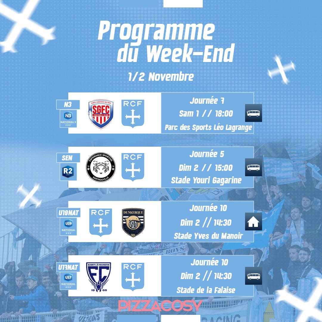 racing_cff's tweet image. Le #ProgrammeDuWeekEnd des équipes #N3 #U19NAT #U17NAT et des autres sections du Racing Club de France Football by @pizzacosyfrance de Colombes🔵⚪️

#AllezRacing #RCF