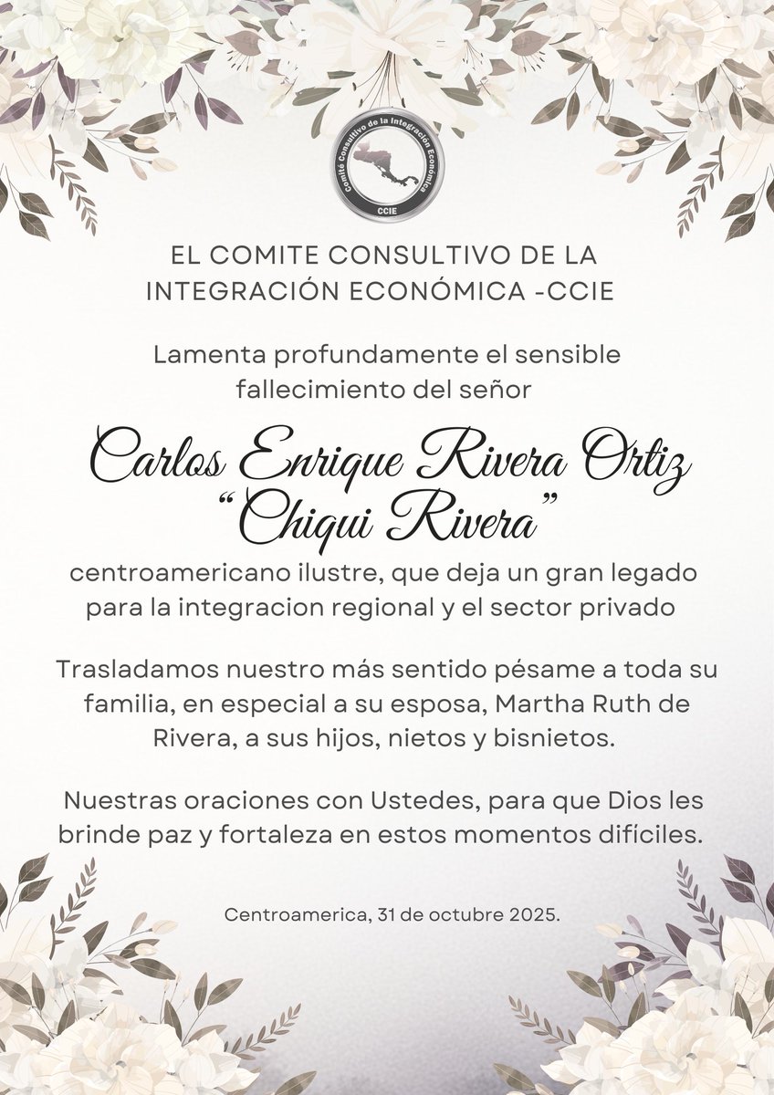 <a href="/CCIE_CA/">CCIE</a> lamenta el sensible fallecimiento del ilustre centroamericano Carlos Enrique Rivera Ortiz, impulsor de la integración centroamericana, quien deja un gran legado para el sector privado de la región 
<a href="/Fecaica_/">FECAICA</a> 
<a href="/fecamco/">FECAMCO</a> 
<a href="/FEDEPRICAP_CA/">FEDEPRICAP</a> 
<a href="/fedecarga/">@FEDECARGA</a> 
<a href="/industriaguate/">Cámara de Industria de Guatemala</a>