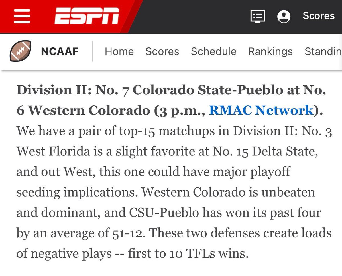 ONLY TOP-10 matchup in <a href="/NCAADII/">NCAA Division II</a> and shoutout from ESPN means YOU have to come to Saturday’s HOME game wearing camo ‼️ 

#BringYourMojo <a href="/CollegeGameDay/">College GameDay</a> <a href="/PatMcAfeeShow/">Pat McAfee</a> <a href="/ESPN_BillC/">Bill Connelly</a> <a href="/FOXSports/">FOX Sports</a> <a href="/BNKonFOX/">Big Noon Kickoff</a> <a href="/ESPNCFB/">ESPN College Football</a> <a href="/D2Football/">D2Football</a> #7723ft #ThinAirCrew <a href="/WeAreAFCA/">AFCA</a> #BringGameDay2Gunni