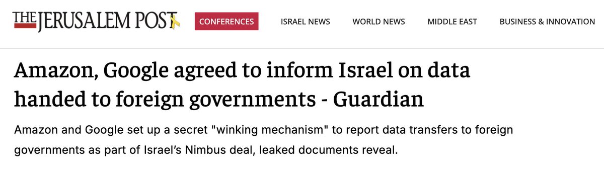 SouveraineTech's tweet image. 🇮🇱 #Amazon et #Google, qui ont remporté le contrat de cloud #Nimbus du gouvernement israélien, ont accepté de mettre en place un mécanisme spécial de signalement des données transmises à des gouvernements étrangers, dans le cadre du contrat.
jpost.com/israel-news/ar…