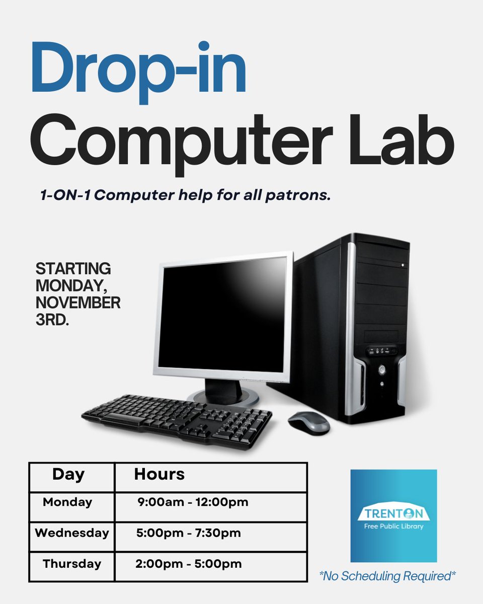TrentonPubLib's tweet image. 💻 Need a little tech help? Drop in, log on, and learn—no sign-up needed! #TrentonFreePublicLibrary #DigitalSkills #TFPL #ComputerHelp