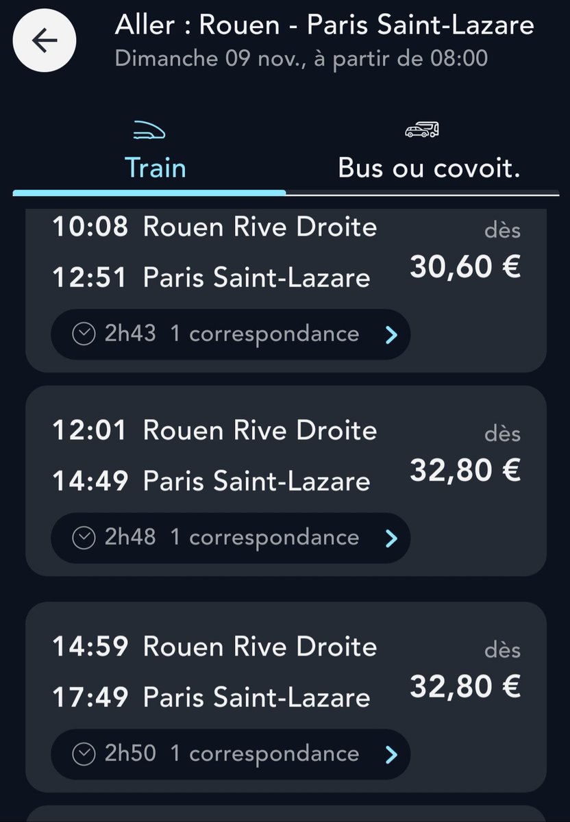 <a href="/train_nomad/">SNCF NOMAD TRAIN</a> bonjour, le dimanche 9 novembre les trains Rouen-Paris sont un détour par yvetot, soit des durées de trajet de presque 3h, le tout pour des tarifs taux plein de 46.70€...
Est-ce un bug de <a href="/SNCFConnect/">SNCF Connect</a> ? Merci 
<a href="/UsagersSNCF/">UsagerSNCF - #ADURN ParisRouenLeHavre</a>
