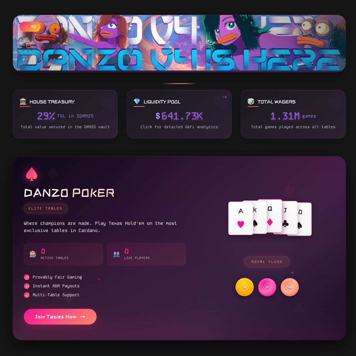 Be the house. Liquidity providers earn directly.

7 games live and Poker is on the table at #Cardano’s #1 casino.

Proud.