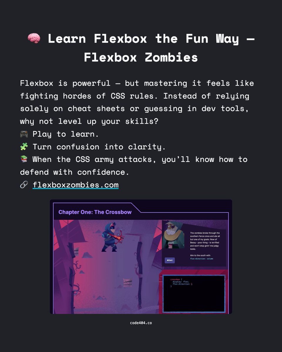 code404_co's tweet image. 🧠 Learn Flexbox the Fun Way — Flexbox Zombies

Flexbox is powerful — but mastering it feels like fighting hordes of CSS rules. Instead of relying solely on cheat sheets or guessing in dev tools, why not level up your skills?

🔗 flexboxzombies.com
#Flexbox #CSS #FrontendDev