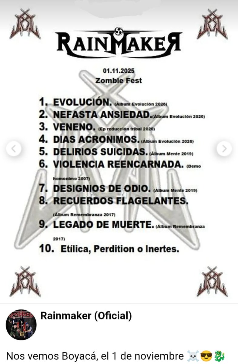 Saludos, les dejamos el set que tocaremos mañana en nuestro regreso a tierras boyacenses.
Esperamos que nos acompañen.
Recuerden las últimas boletas en taquilla.
El Tour desde Bogotá, está lleno.

🎃🎃🎃Feliz halloween 🎃🎃🎃