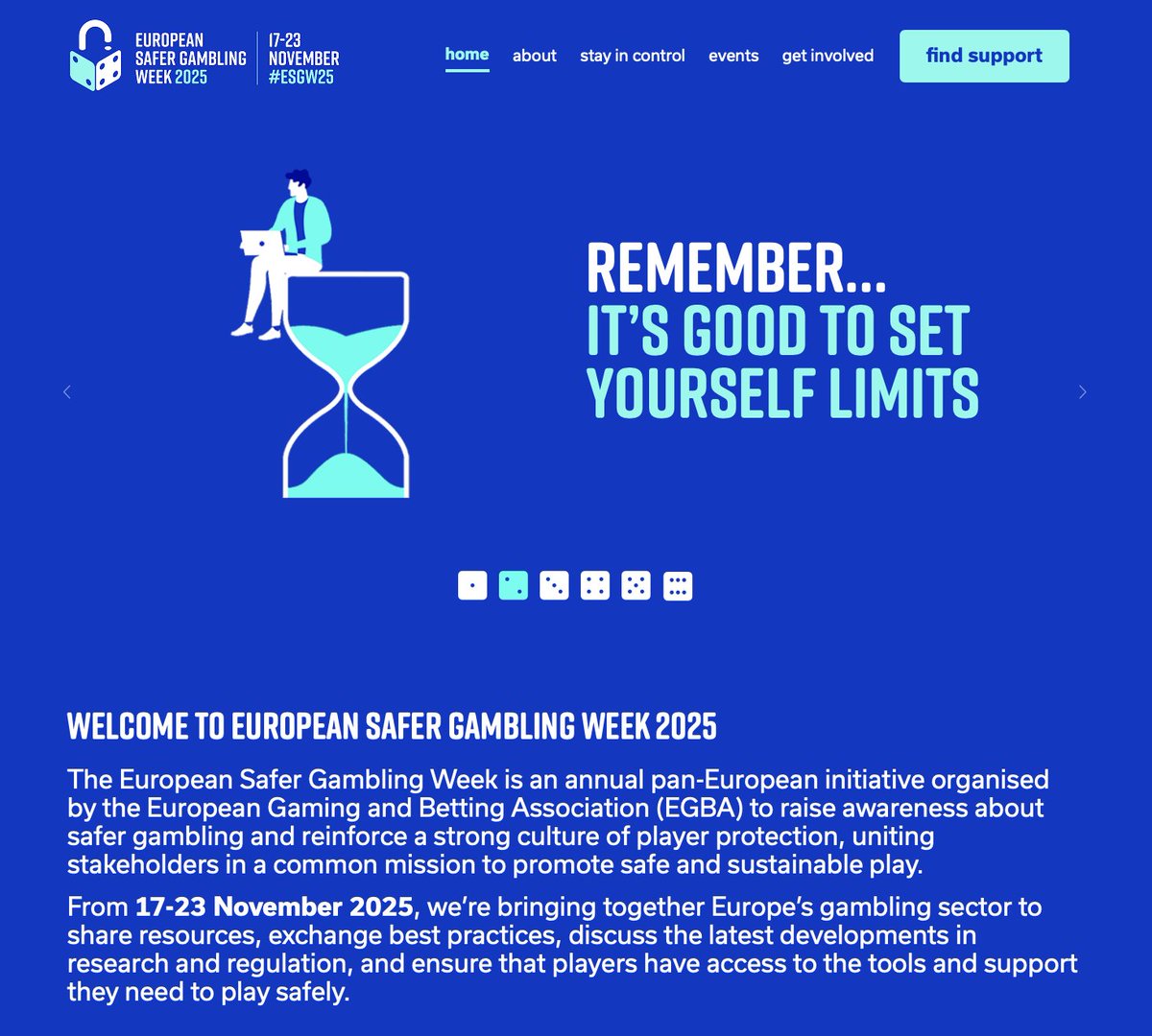 EUgambling's tweet image. European Safer Gambling Week is coming up on 17-23 November! 🗓️ 

We&apos;ve just launched a new website to make it easier to access resources, discover events, and get involved: safergambling.eu.

Learn more: egba.eu/news-post/egba…

#PlayerProtection #SaferGambling #ESGW25