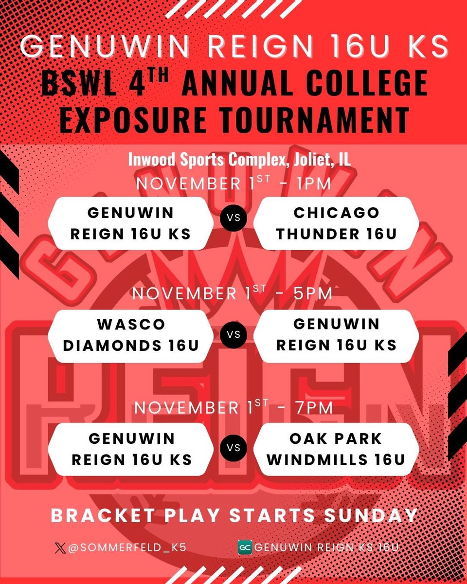 Last call for fall season! Come check us out at the BSWL College Exposure Tournament. 

<a href="/GenuWinReign/">GenuWin Reign</a> 
<a href="/sommerfeld_K5/">Genuwin Reign 16U KS</a>